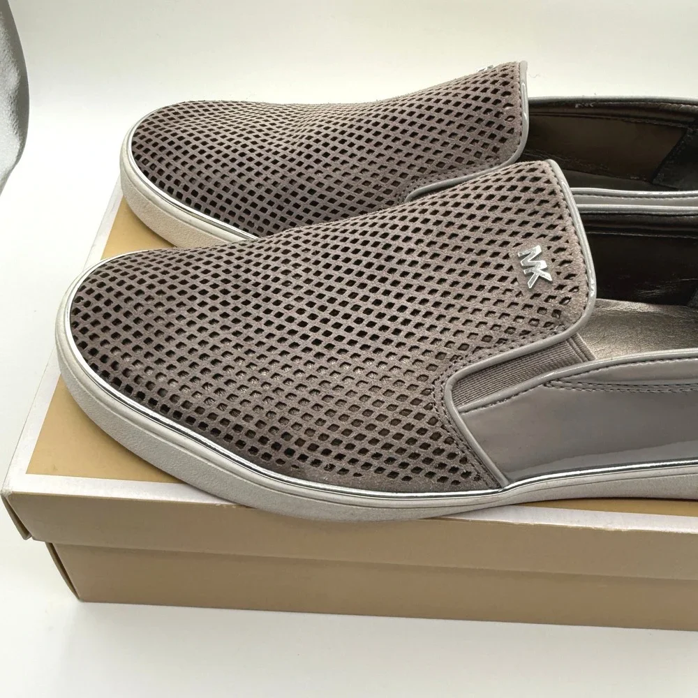 Michael Kors Slip On Sneakers Women 11 Taupe Gray Perforated Patent Leather Flat